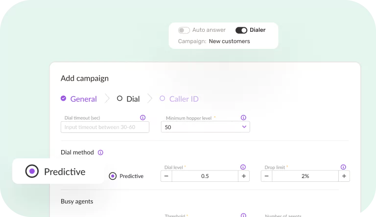 AI predictive dialer settings screen for lead management in omnichannel contact center software.