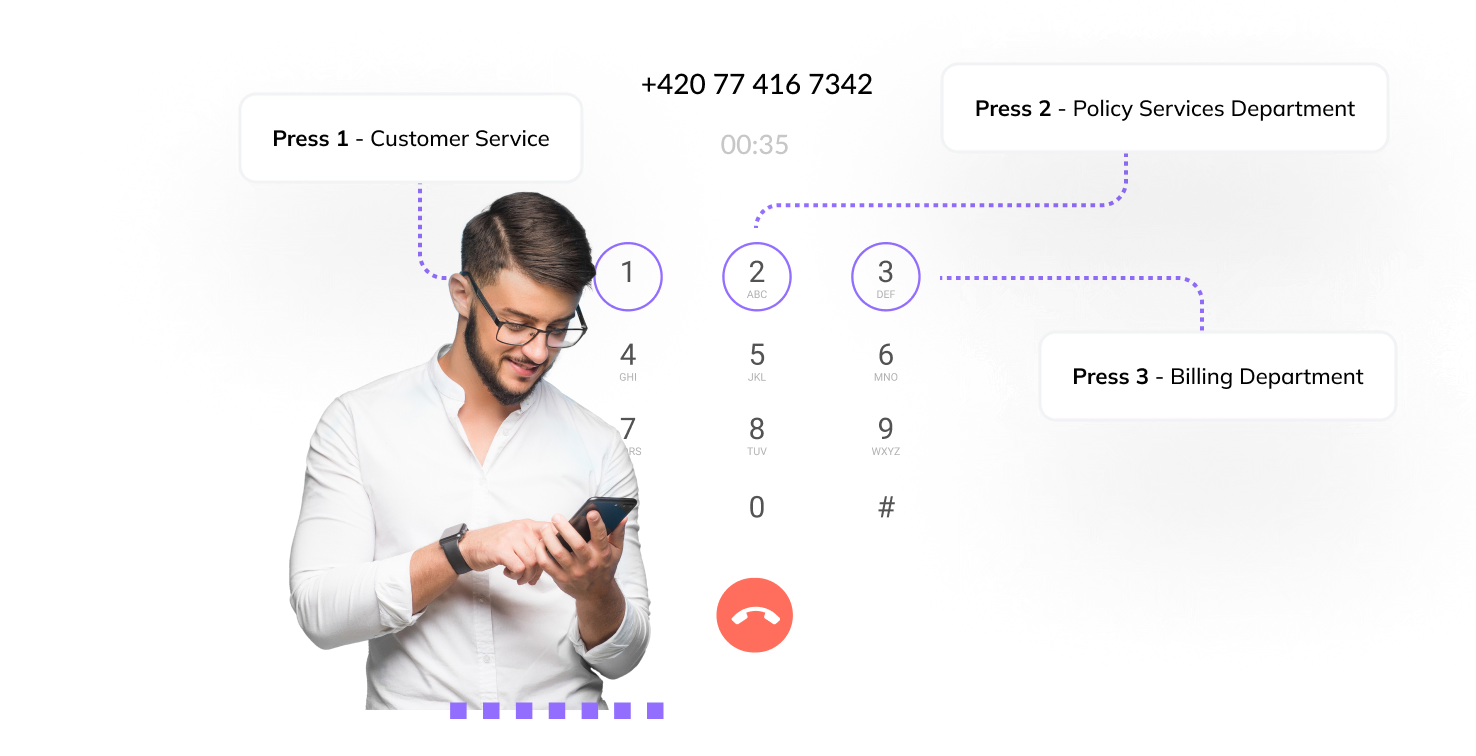 Customer using IVR system of insurance call center software to navigate to the relevant department.