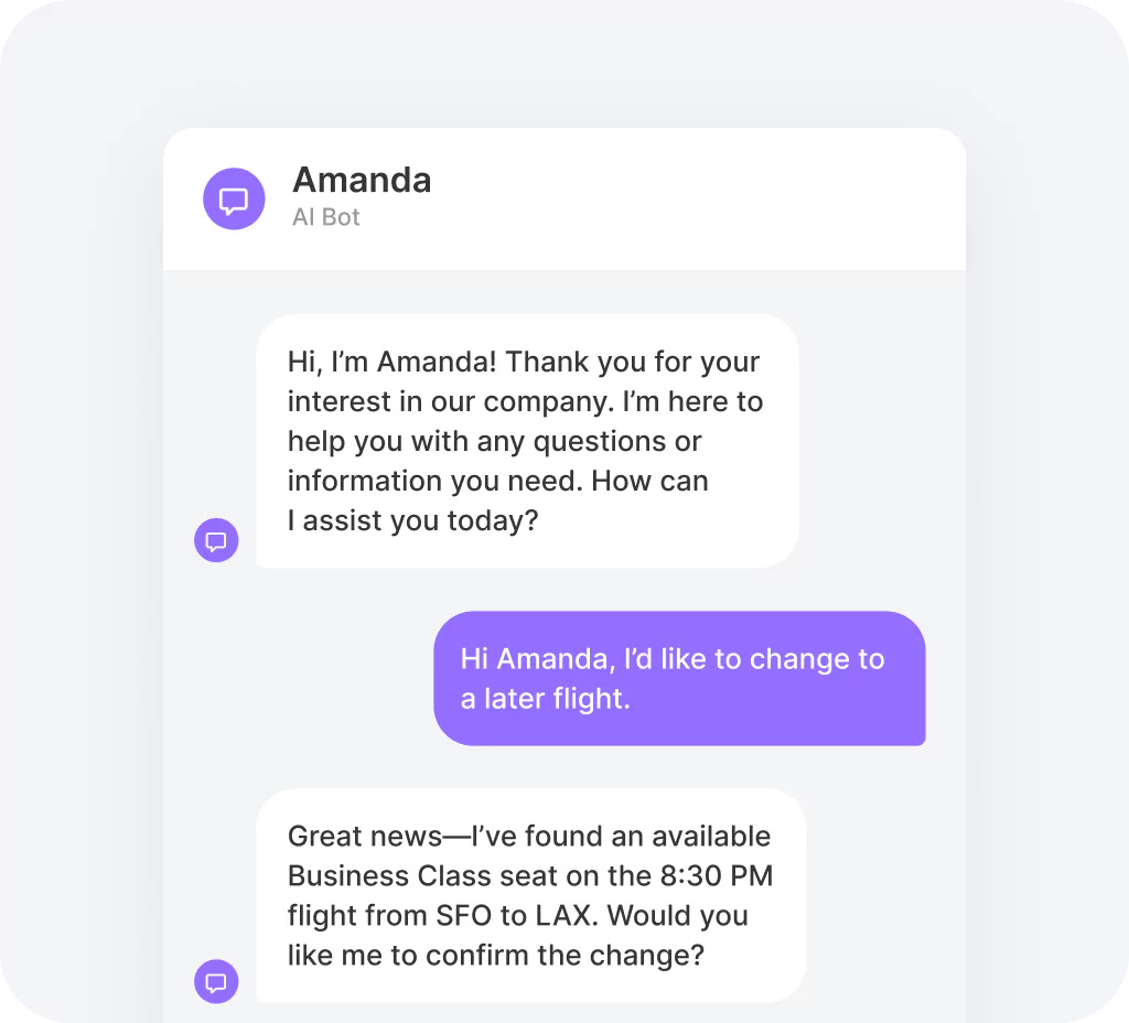 AI chatbot assisting with flight rescheduling, providing real-time updates on flight availability for enhanced customer experience.