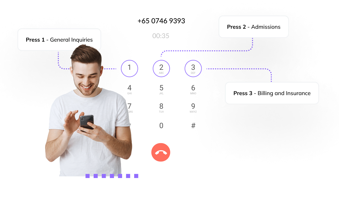 Patient using healthcare call center software to navigate options for general inquiries, admissions, and billing.