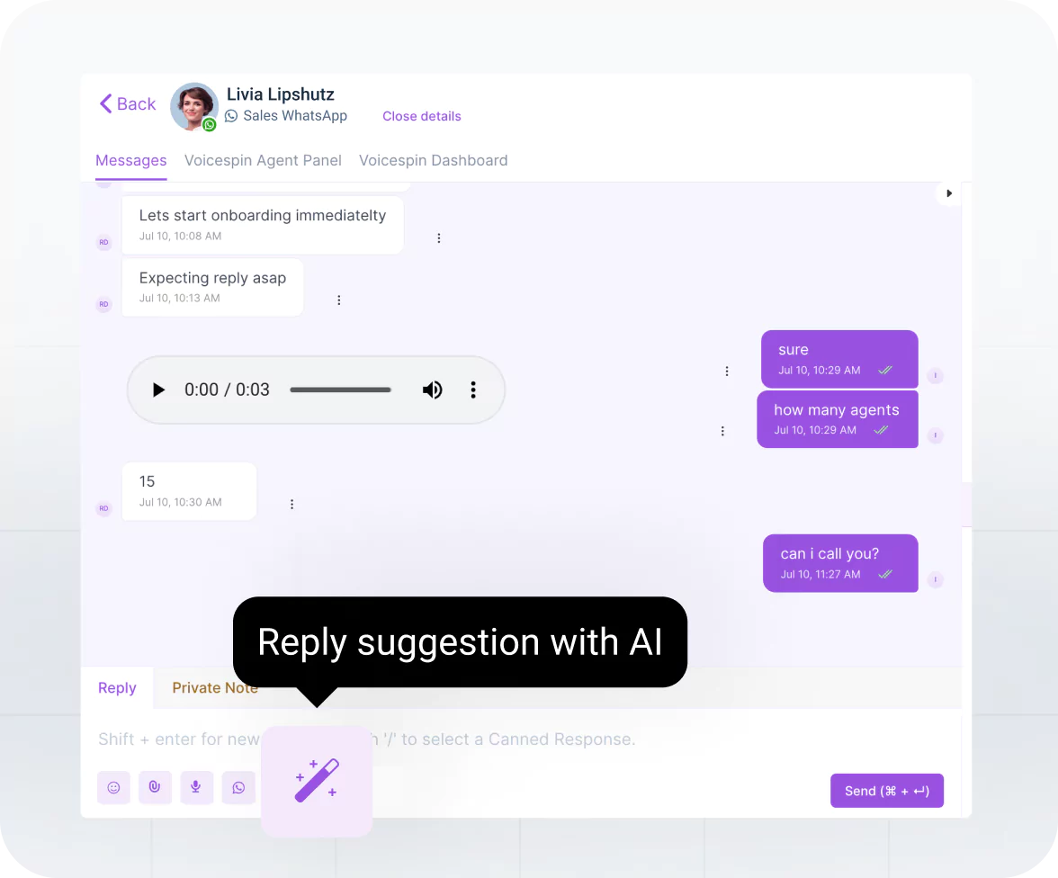 Conversation window with AI reply suggestion feature in AI Messaging platform.