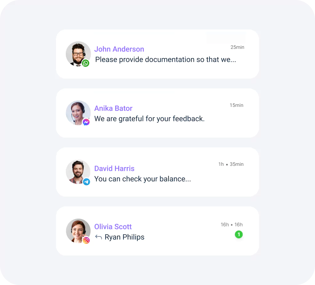 List of customer support messages displayed in a streamlined AI interface, showcasing quick responses from agents across multiple channels.