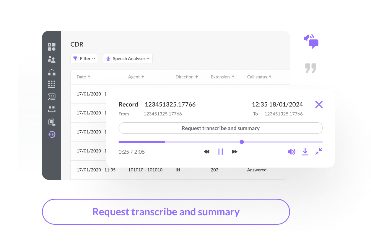 Call recording interface with option to request transcriptions and summaries.