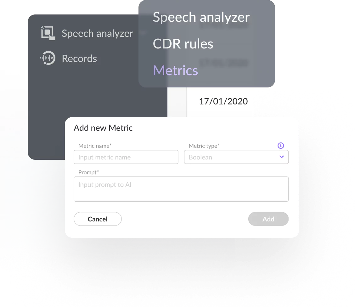 Customizable metrics setup in contact center quality assurance software with speech analyzer and CDR rules.