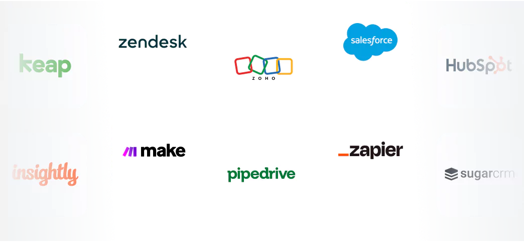 Graphic displaying various CRM platforms including Zendesk, Zoho, Salesforce, HubSpot, and others, indicating integration capabilities with VoiceSpin solutions.