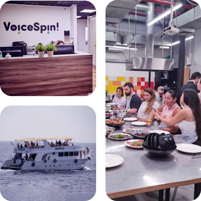 Inside VoiceSpin's modern office space, cooking team-building activity, and a company excursion on a yacht, reflecting a balanced and engaging work environment.