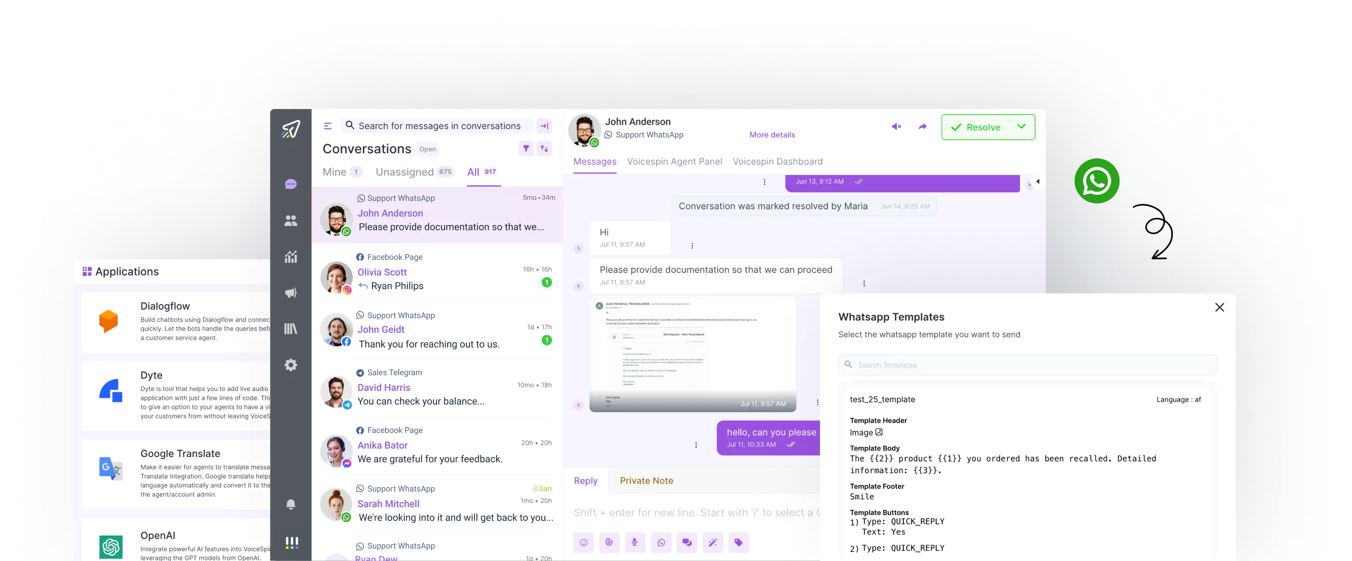 AI Messaging platform interface showing WhatsApp template selection and application integrations.