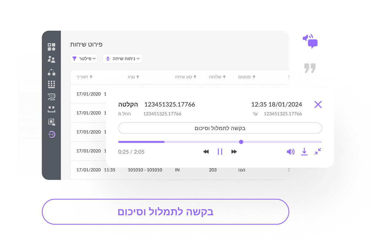 ממשק הקלטת שיחות עם אפשרות לבקש תמלולים וסיכומים