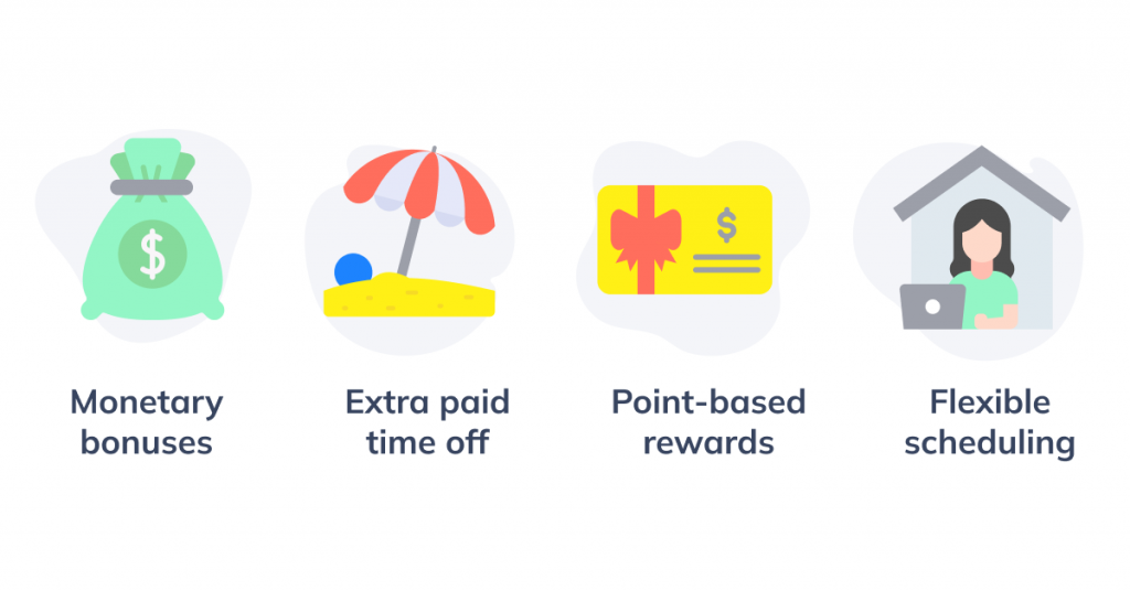 Call Center incentive ideas like monetary bonuses, extra paid time off, point-based rewards, and flexible scheduling.