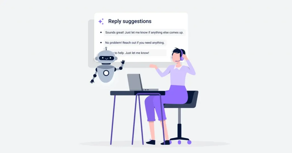 A call center agent at a desk with an AI assistant hovering beside them, suggesting responses and pulling up information in real-time.