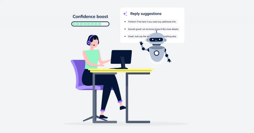 An agent on a call with an AI assistant at their side providing real-time suggestions. Highlight a “confidence boost” bar growing as the agent gets immediate support.