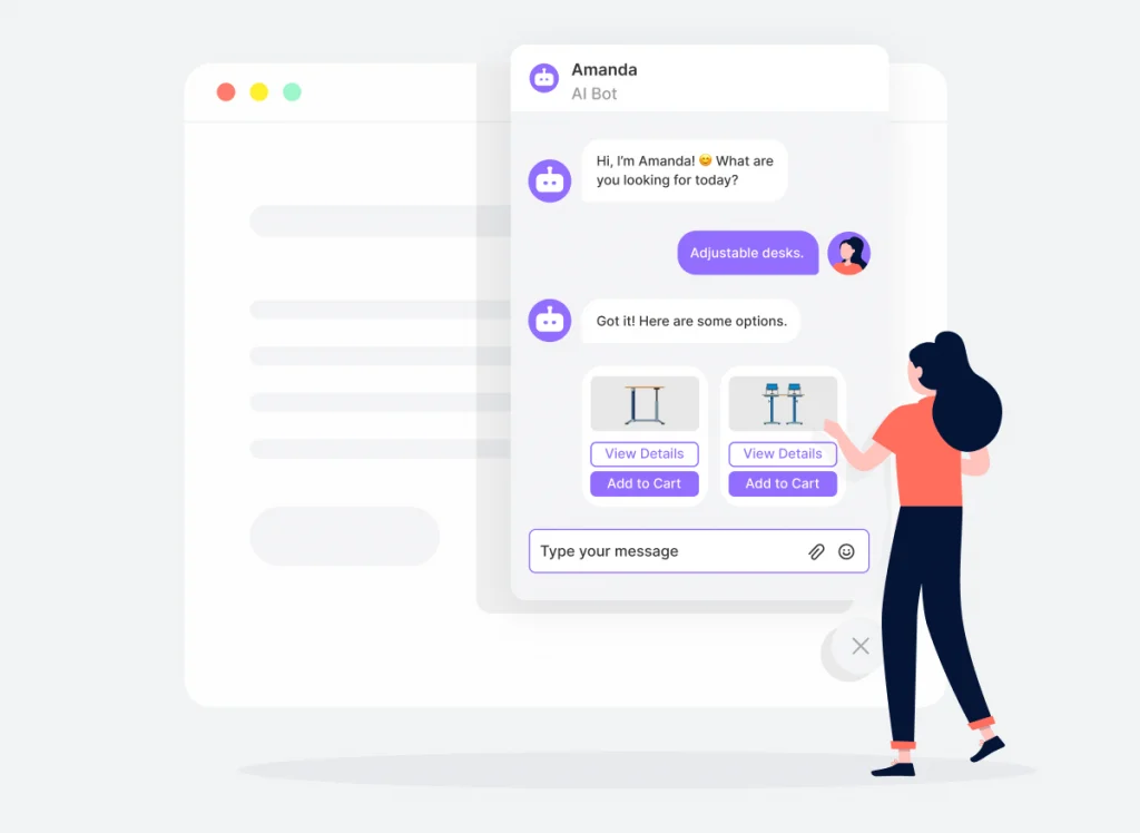 An AI chatbot assisting a visitor on a website, asking lead-qualifying questions, recommending products, and guiding them through the purchase funnel.