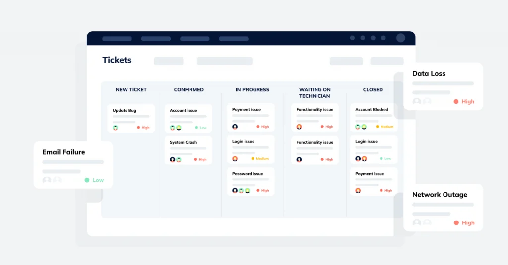 A digital dashboard with incoming tickets being sorted and routed automatically to relevant departments.