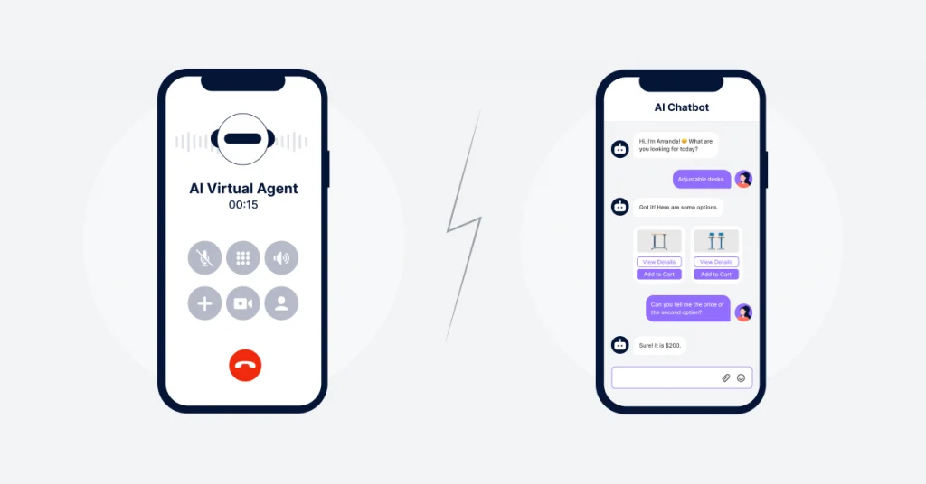 A split-screen: one side showing a text-based interaction on a mobile device (AI chatbot) and the other showing a phone call with a virtual agent (AI voice bot).