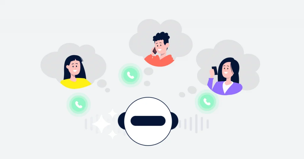 A robot dialing multiple prospects simultaneously, with smiling prospects in thought bubbles.