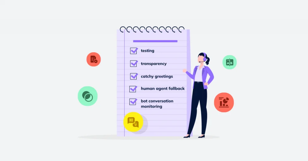 A checklist graphic with icons representing testing, transparency, catchy greetings, human agent fallback, and bot conversation monitoring.