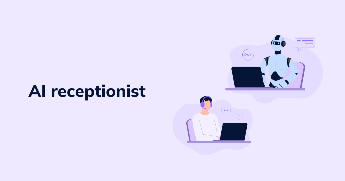 AI receptionist (A split-screen showing a traditional receptionist on one side and an AI receptionist)