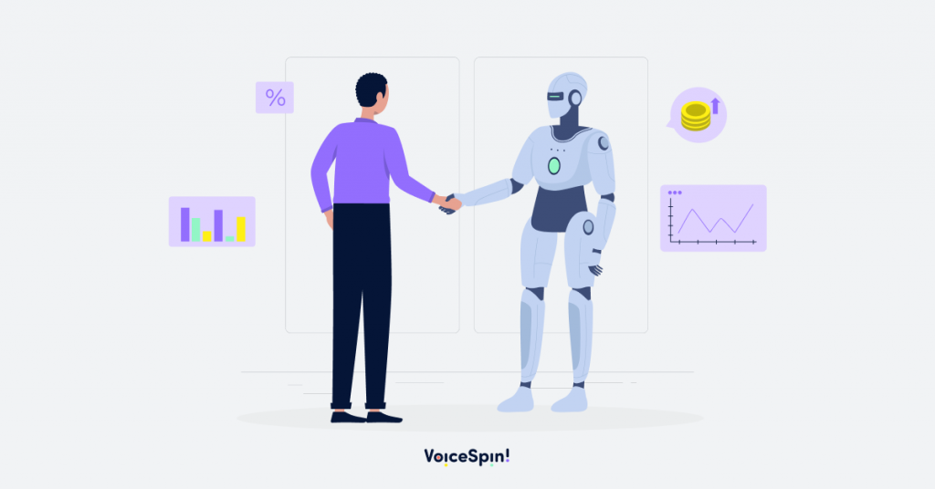 A handshake between a human sales rep and a robot symbolizing AI